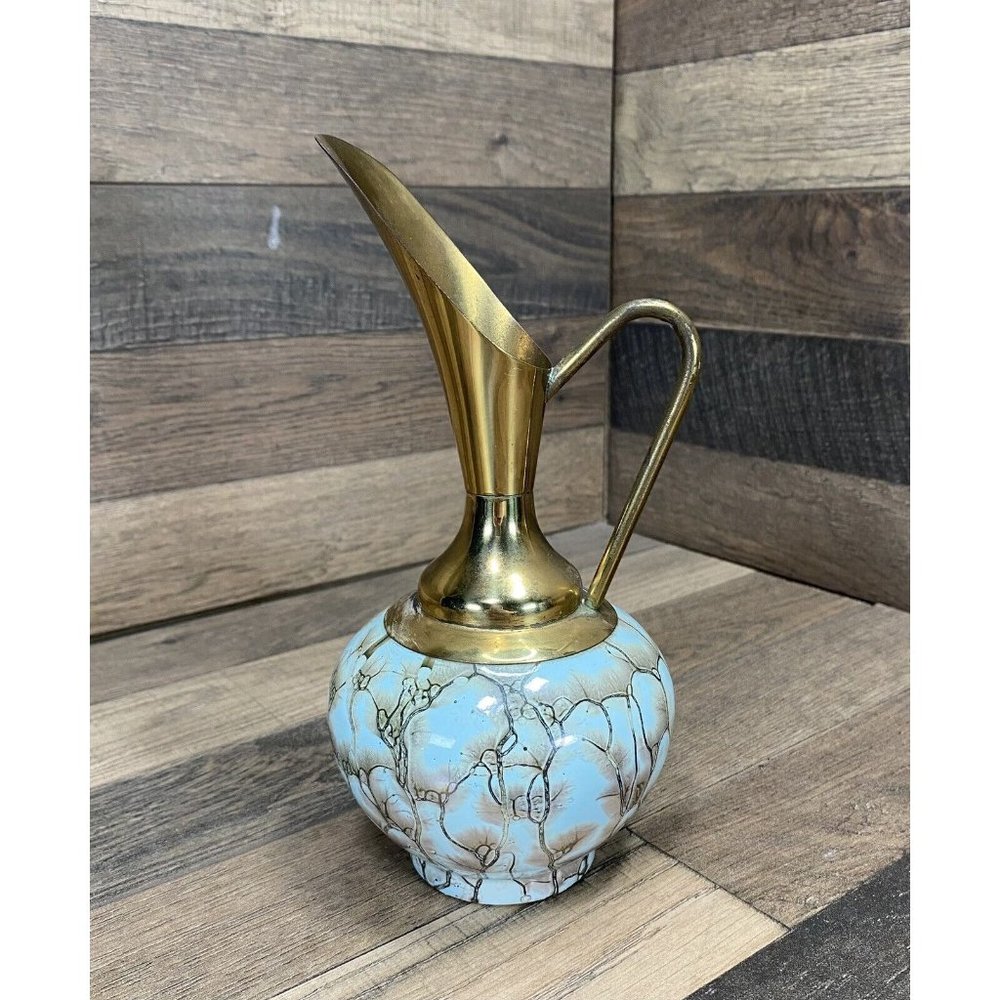 Vintage Delft Light Blue Gold Pottery Pitcher Ewer 8” Brass Hand Painted Holland